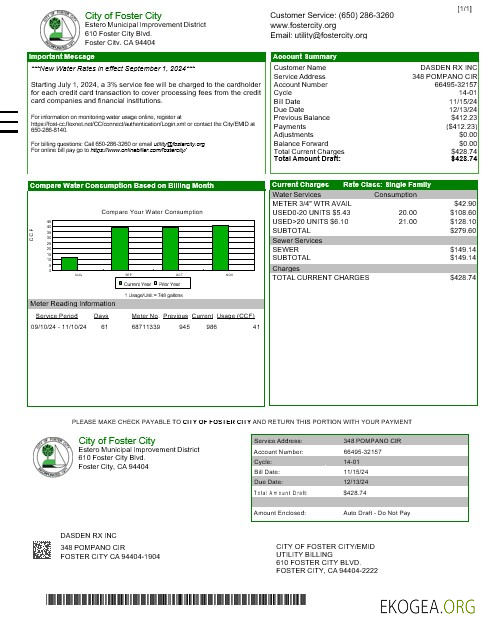 Modèle Word et PDF de facture de services publics de la VILLE DE FOSTER CITY des États Unis